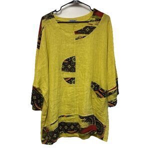 Bohabille Patchwork Tunic Top Linen Yellow Size XL Pocket Boho 26X33” Popover